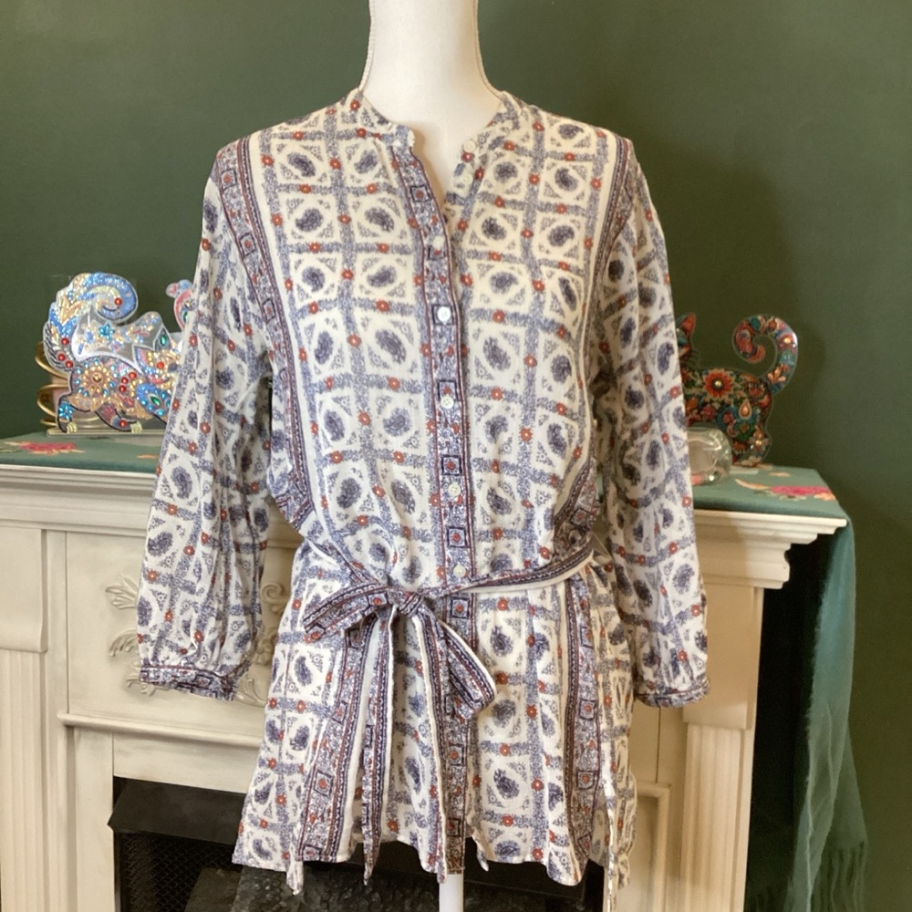 Madewell Picnic Paisley Blouse with Belt - Blue and White
